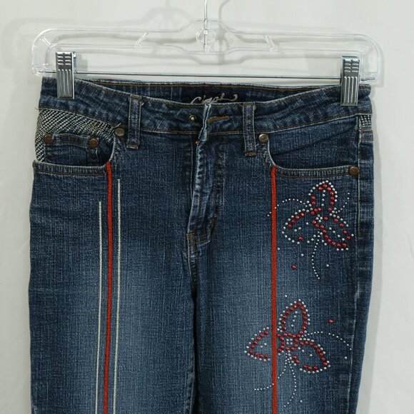 Y2K Clash Jeans USA Kids 12 Butterfly Embroidered Flare Jeans 26x26 Red Stripe - Picture 1 of 12